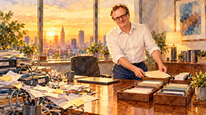 Watercolour of Isard Haasakker clearing up a large desk: a tangle of papers, sticky notes and cables on one side, neatly sorted trays and boxes on the other, as he files the last folder, a city skyline at sunset behind him.