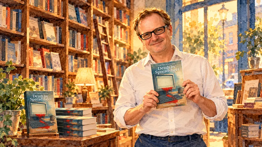 Watercolour of Isard Haasakker in an independent bookshop, smiling and holding up a copy of his novel Death by Spreadsheet, with shelves of books behind him and a stack of the same book on a display table.
